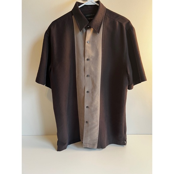Axis Brown Beige Panel Button Up Short Sleeve Shirt Mens Sz M - Picture 1 of 7